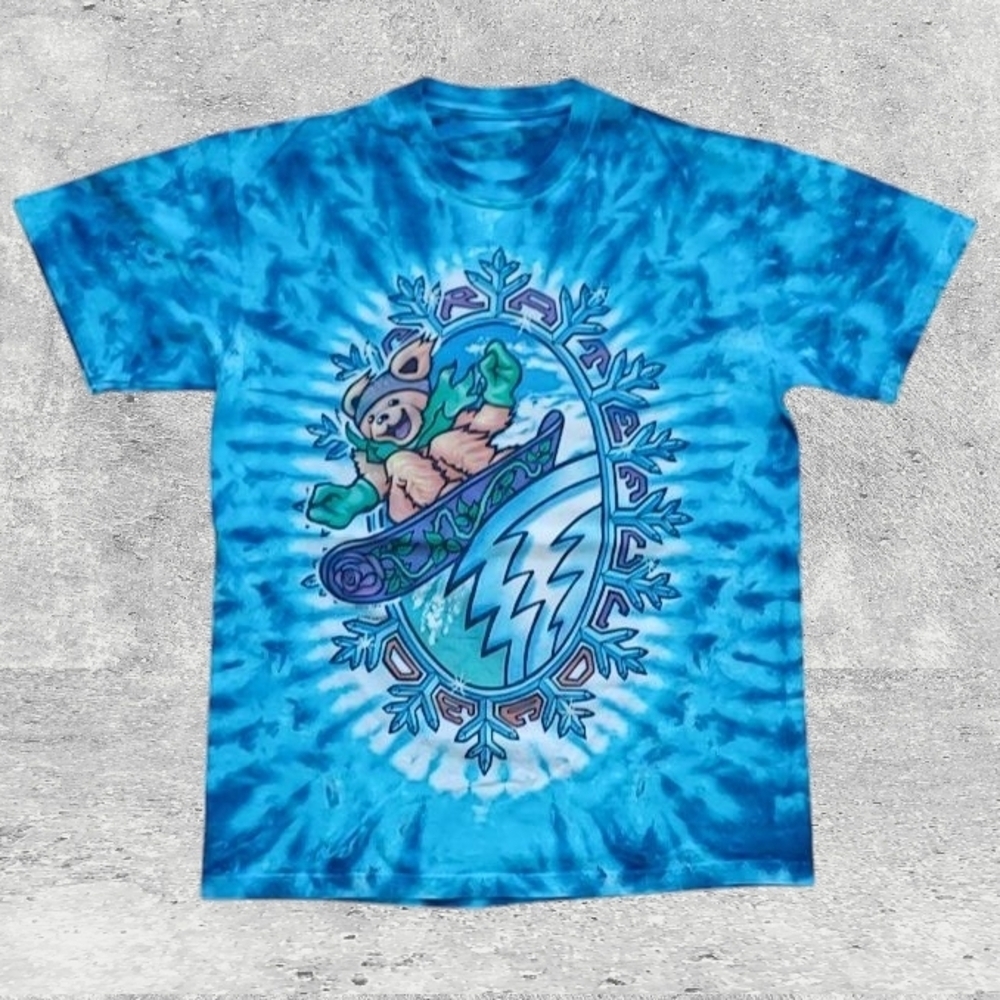 Y2K Liquid Blue Grateful Dead Bear Snowboarding Tie Dye T-Shirt Size (M)